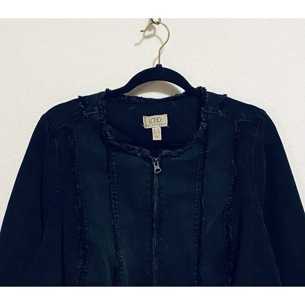 LOGO Lori Goldstein Jacket Womens 22W Black Denim Zip Up Frayed Seams Boho